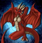  abs anthro blue_eyes breasts dragon female horn kneeling kurtassclear looking_at_viewer nude raised_arm red_skin scalie smile solo tongue wings 