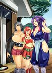  3girls black_hair blush breasts cleavage collarbone curvy female gigantic_breasts hair_ornament hairclip huge_breasts long_hair multiple_girls open_mouth outdoors ponytail purple_hair red_hair small_breasts smile standing suica_kkk thick_thighs thighs v wink yellow_eyes 