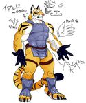  abs animal_ears anthro biceps claws clothing feline fur gloves japanese_text kitticlub male mammal muscles pecs plain_background pose red_eyes solo standing text tiger toe_claws toned whiskers white_background 