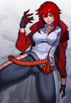  bad_id bad_pixiv_id belt black_sclera breasts chain_necklace chromatic_aberration claws cropped_jacket cyborg eartha_(jjune) facial_tattoo faulds gloves heterochromia highres jacket jjune large_breasts mismatched_gloves mole mole_under_mouth original pants red_eyes red_hair red_jacket skindentation solo tattoo yellow_eyes 
