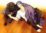  animalization barefoot blue_hair command_spell cross cross_necklace dog fate/stay_night fate_(series) jewelry kon_manatsu kotomine_kirei lancer long_hair male_focus necklace ponytail 