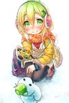  backpack bag banana_(kuromaru9) banana_hair_ornament blonde_hair blush boots breath camera earmuffs food_themed_hair_ornament gradient_hair green_eyes green_hair hair_ornament hairclip highres kuromaru9 multicolored_hair orange_scarf original scarf smile snot snow snowman solo squatting sweater thighhighs winter 