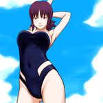 arm_behind_head arm_up armpits blue_sky breasts brown_eyes cameltoe cloud day highres kamisuki large_breasts looking_down one-piece_swimsuit pokemon pokemon_(anime) purple_hair short_hair sky smile solo swimsuit uchikido_(pokemon) 