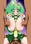  1girl areolae blush breasts censored cure_march dark-skinned_male dark_skin double_v green_eyes green_hair group_sex highres histamine_c huge_breasts long_hair midorikawa_nao multiple_boys multiple_penises nipple_penetration penis precure pubic_hair pussy sex shiny shiny_skin smile_precure! sweat tears torn_clothes v vaginal 