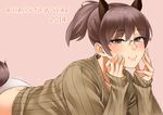  2014 animal_ears brown_eyes brown_hair chinese_zodiac glasses half-closed_eyes hands_on_own_cheeks hands_on_own_face happy_new_year horse_ears horse_girl horse_tail looking_at_viewer lying new_year on_stomach original panties pink_background ponytail ribbed_sweater simple_background smile solo sweater tail underwear year_of_the_horse zonda_(solid_air) 