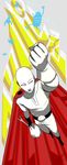  arm_up bag bald belt belt_boots bodysuit boots cape clenched_hand flying gloves grocery_bag looking_at_viewer male_focus mattcha monster one-punch_man punching red_cape saitama_(one-punch_man) shopping_bag signature solo spring_onion standing x_x zipper 