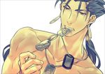  blue_hair command_spell dog_tags earrings fate/stay_night fate_(series) jewelry kon_manatsu lancer long_hair male_focus mouth_hold ponytail red_eyes shirtless solo 