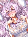  animal_ears blush breasts bunny_ears covered_nipples highres large_breasts looking_at_viewer lying messy_hair on_back puffy_sleeves purple_eyes purple_hair reisen_udongein_inaba see-through shirt short_sleeves solo touhou zan_(harukahime) 