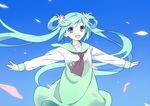  floating_hair green_eyes green_hair hatsune_miku long_hair open_mouth outstretched_arms petals sailor_collar solo spread_arms twintails urata_asao very_long_hair vocaloid 