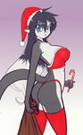  bag blue_eyes blue_hair breasts butt candy_cane cat chrissy_mccloud christmas facial_mark feline female fur hair hat holidays legwear long_hair looking_at_viewer mammal midriff rascals santa_hat scorpdk side_boob solo standing stockings thong two_tone_hair underwear white_fur 