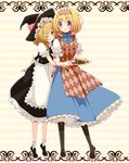  alice_margatroid aoi_(annbi) apron argyle argyle_apron black_dress blonde_hair blue_dress blue_eyes braid cookie dress food food_theft grin hair_ribbon hairband hat horizontal-striped_background hug hug_from_behind kirisame_marisa lolita_hairband multiple_girls one_eye_closed open_mouth plate puffy_sleeves ribbon short_sleeves single_braid smile striped striped_background touhou waist_apron witch_hat yellow_eyes 