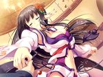  1girl black_hair blush erect! euphoria_trinity eyes_closed game_cg horns long_hair piromizu pointy_ears tail trinity_euphoria wings 