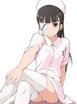  alternate_costume black_hair blush brown_eyes cosplay crossed_legs eyepatch hand_on_own_knee hat long_hair nurse nurse_cap panties ponytail sakamoto_mio short_sleeves simple_background sitting smile solo strike_witches thighhighs underwear white_background white_legwear world_witches_series youkan 