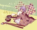  2014 bowl chopsticks eating food japanese_clothes kamaboko kimono minigirl open_mouth purple_eyes purple_hair short_hair solo sukuna_shinmyoumaru toropp touhou 