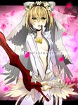  aestus_estus ahoge ameeba bad_id bad_pixiv_id blonde_hair bodysuit center_opening fate/extra fate/extra_ccc fate_(series) green_eyes highres lock nero_claudius_(bride)_(fate) nero_claudius_(fate)_(all) padlock solo sword veil weapon zipper 