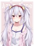  1girl animal_ears azur_lane bangs blush breasts brown_background bunny_ears camisole closed_mouth commentary_request copyright_name eyebrows_visible_through_hair hair_between_eyes hair_ornament hairband highres jacket kohakope laffey_(azur_lane) long_hair off_shoulder open_clothes open_jacket pink_jacket red_eyes red_hairband silver_hair small_breasts solo twintails two-tone_background upper_body very_long_hair white_background white_camisole 