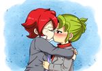  2boys blush child glasses green_eyes green_hair highres hug inazuma_eleven inazuma_eleven_(series) jacket kiss kiyama_hiroto male male_focus midorikawa_ryuuji moxue_qianxi multiple_boys ponytail red_hair shirt simple_background yaoi 