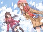  2girls black_hair brown_hair earmuffs fang gloves hat long_hair original paper pink_eyes scarf skirt thighhighs transistor winter 