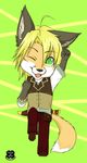  blonde_hair canine fist fist_pump fox green_eyes hair japanese_text linus male mammal solo sword text tragedy-wolf weapon 