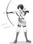  1boy 2012 absurdres arrow belt boots bow_(weapon) cape character_name glasses highres male male_focus monochrome moxue_qianxi pants shirt short_hair simple_background solo standing tsuritama usami_natsuki weapon 