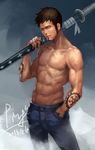  brown_hair dated earrings facial_hair goatee hand_in_pocket jewelry katana male_focus navel one_piece ping_(caoyanping198793) sheath sheathed shirtless sideburns signature solo sword tattoo trafalgar_law weapon 