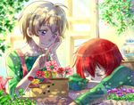  2012 2boys apron aquarium blonde_hair blue_eyes child dated eyes_closed finger_pointing flower haru_(tsuritama) indoors male male_focus moxue_qianxi multiple_boys red_hair sanada_yuki shirt short_hair sleeping smile tsuritama watering_can window 