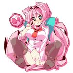  animal_ears blush bottomless bow breasts censored eighth_note eyebrows green_eyes hair_bow highres large_breasts long_hair musical_note navel necktie original pink_hair pussy pussy_juice rikumaru sitting solo souffle_gamberetto speech_bubble spoken_musical_note tail thighhighs v very_long_hair 