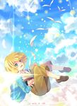  1boy 2013 armin_arlert blonde_hair blue_eyes blue_sky blush book child cloud clouds dated feather feathers highres jacket male male_focus moxue_qianxi open_mouth outdoors pants shingeki_no_kyojin shirt shoes sky solo suspenders 