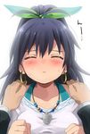  black_hair blush closed_eyes earrings ganaha_hibiki hands_on_another's_shoulders hiiringu idolmaster idolmaster_(classic) incoming_kiss jewelry long_hair necklace ponytail ribbon solo_focus 