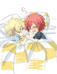  2boys bed blanket blonde_hair blush child haru_(tsuritama) male male_focus moxue_qianxi multiple_boys pillow red_hair sanada_yuki shirt short_hair sweat t-shirt tsuritama yaoi 