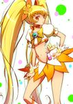  blonde_hair boots bow choker cure_sunshine hair_ribbon hand_on_hip heartcatch_precure! knee_boots long_hair looking_at_viewer magical_girl midriff myoudouin_itsuki navel orange_bow orange_choker orange_skirt precure ribbon shirono skirt solo twintails wrist_cuffs yellow_bow yellow_eyes 
