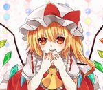  ascot blonde_hair blush crystal fang flandre_scarlet hat looking_at_viewer open_mouth puffy_short_sleeves puffy_sleeves red_eyes ribbon short_hair short_sleeves side_ponytail skirt smile solo touhou vest wings yuria_(kittyluv) 