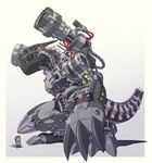  cable cannon claws cross-section digimon hat highres kazkazkaz mecha monster mugendramon no_humans red_eyes robot seirenmon sharp_teeth size_difference tail talons teeth wire 