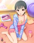  :o artist_request ball barefoot black_hair breasts cleavage exercise exercise_ball eyelashes floral_print hood idolmaster idolmaster_cinderella_girls jacket lips matsubara_saya medium_breasts mirror official_art open_clothes open_jacket open_mouth print_jacket print_towel red_eyes shoes shoes_removed short_hair sneakers solo towel yellow_towel 