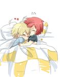  2boys bed blanket blonde_hair blush child haru_(tsuritama) heart hug male male_focus moxue_qianxi multiple_boys pillow red_hair sanada_yuki shirt short_hair t-shirt tsuritama yaoi 