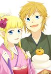  1girl blonde_hair blue_eyes earrings flower japanese_clothes jewelry kimono link long_hair pointy_ears princess_zelda saiba_(henrietta) smile the_legend_of_zelda the_legend_of_zelda:_skyward_sword 