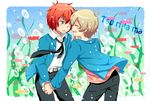  2boys belt blonde_hair blush child eyes_closed fish green_eyes hand_holding haru_(tsuritama) jacket male male_focus moxue_qianxi multiple_boys necktie open_mouth outdoors pants red_hair sanada_yuki shirt short_hair standing tie tsuritama yaoi 