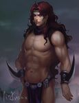  arm_blade dated earrings horns jewelry jojo_no_kimyou_na_bouken kars_(jojo) long_hair male_focus muscle ping_(caoyanping198793) purple_hair red_eyes signature solo weapon 