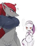  2girls ? agemono bad_id bad_pixiv_id blue_eyes blush breast_envy fox frown furry gen_1_pokemon gen_5_pokemon mega_mewtwo_y mega_pokemon mewtwo multiple_girls no_humans pokemon pokemon_(creature) pokemon_(game) pokemon_xy red_eyes red_hair zoroark 