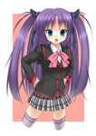  bad_id bad_pixiv_id blue_eyes bow fang little_busters! long_hair pink_bow purple_hair sasasegawa_sasami school_uniform thighhighs twintails yupachi 