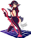  black_hair ebira frown jpeg_artifacts kamen_rider kamen_rider_555 kill_la_kill matoi_ryuuko multicolored_hair one_knee red_hair revealing_clothes scissor_blade senketsu short_hair simple_background solo sweatdrop two-tone_hair white_background 