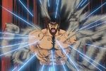  1boy alien aliens animated animated_gif beard brown_hair crossover facial_hair hokuto_no_ken hyakuretsu-ken kenshiro kenshirou lowres muscle punching shirtless short_hair 