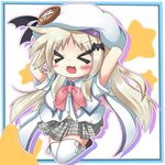  &gt;_&lt; :3 blush_stickers bow cape chibi closed_eyes fang hat little_busters! long_hair noumi_kudryavka peta_(taleslove596) pink_bow school_uniform thighhighs 