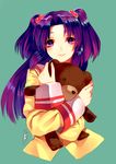  bad_id bad_pixiv_id clannad hair_bobbles hair_ornament highres hikarizaka_private_high_school_uniform hug ichinose_kotomi long_hair purple_eyes purple_hair reniirean school_uniform signature simple_background smile solo stuffed_animal stuffed_toy teddy_bear two_side_up upper_body 