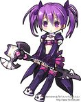  :&lt; aisha_(elsword) bandeau blush boots chibi detached_collar elsword full_body holding holding_wand ichigo_citron looking_at_viewer midriff no_nose purple_eyes purple_footwear purple_hair purple_legwear purple_sleeves short_hair solo staff thigh_boots thighhighs transparent_background twintails void_princess_(elsword) wand watermark web_address 