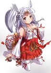  animal_ears bell blush breasts centaur chaki-yam cleavage detached_sleeves hip_vent horse_ears japanese_clothes jingle_bell long_hair long_sleeves medium_breasts miko monster_girl original red_eyes ribbon_trim silver_hair smile solo tail thighhighs white_legwear wide_sleeves 