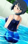  ass black_hair blush breasts competition_school_swimsuit from_behind hair_ornament hairclip kamelie kirigaya_suguha large_breasts looking_back one-piece_swimsuit partially_submerged pool school_swimsuit short_hair solo swimsuit sword_art_online water 