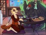  anthro anyare avian balls black_feathers duo eating ferret food gay glowing glowing_eyes gryphon kneeling male mammal mustelid penis penis_tip red_eyes sheath sushi wings 