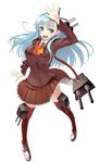  aqua_eyes aqua_hair blazer blush boots breasts brown_legwear cannon hair_ornament hairclip jacket kantai_collection large_breasts long_hair looking_at_viewer nueco open_mouth school_uniform skirt smile solo suzuya_(kantai_collection) thighhighs turret zettai_ryouiki 