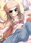  araragi_koyomi bakemonogatari brown_eyes brown_hair cabbie_hat cat denim eating food hat highres jacket jacket_on_shoulders jeans long_hair monogatari_(series) pants photo_(object) pillow pocky sengoku_nadeko takino_yoshito 